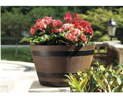 Blumentopf in Fassoptik mit Blumen