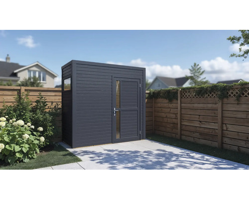 Scène de jardin avec cabanon en bois avec porte et fenêtre