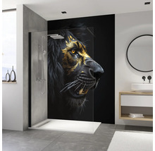 Badezimmer mit Duschkabine und Löwenmotiv