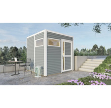 Abri de jardin avec fenêtre et porte sur une terrasse