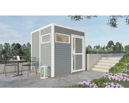 Abri de jardin avec fenêtre et porte sur une terrasse