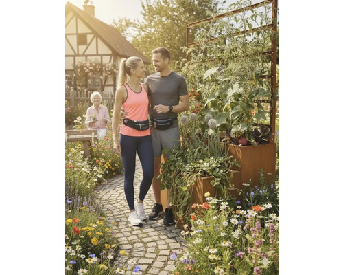 Paar mit Hüfttaschen steht in einem Garten mit Hochbeet.