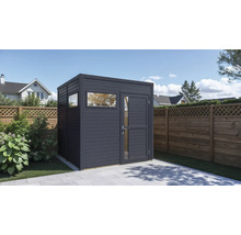 Abri de jardin en bois avec fenêtre et porte sur pelouse