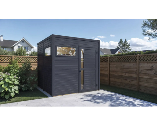 Abri de jardin en bois avec fenêtre et porte sur pelouse