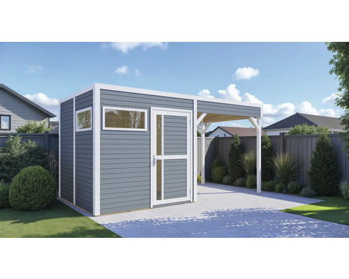 Abri de jardin avec toit sur pelouse et pavés