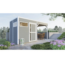 Abri de jardin avec fenêtre, porte et terrasse couverte dans le jardin