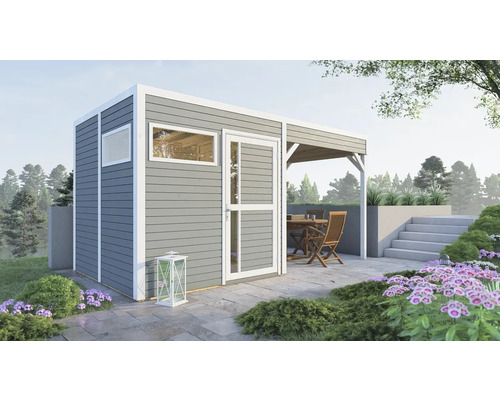 Abri de jardin avec fenêtre, porte et terrasse couverte dans le jardin