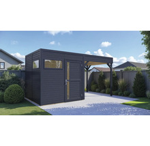 Abri de jardin avec abri voiture et fenêtre ainsi que porte en bois