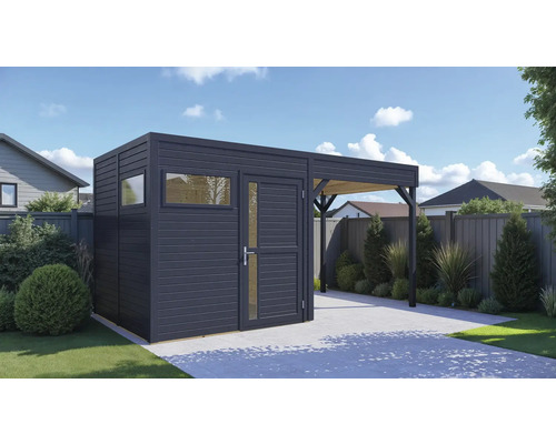 Abri de jardin avec abri voiture et fenêtre ainsi que porte en bois