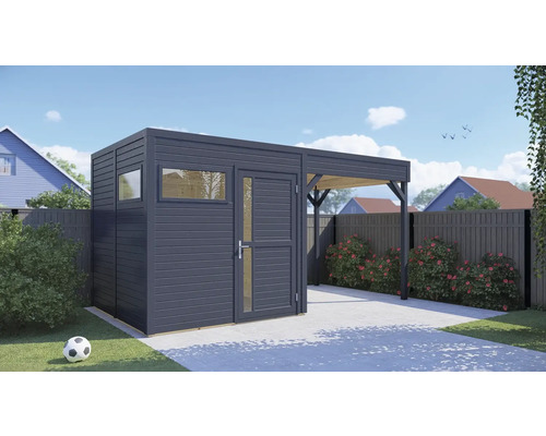 Abri de jardin avec carport et fenêtre dans le jardin