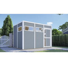 Abri de jardin avec fenêtre et porte à l'extérieur.