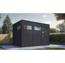 Abri de jardin moderne avec fenêtres et porte à l'extérieur.