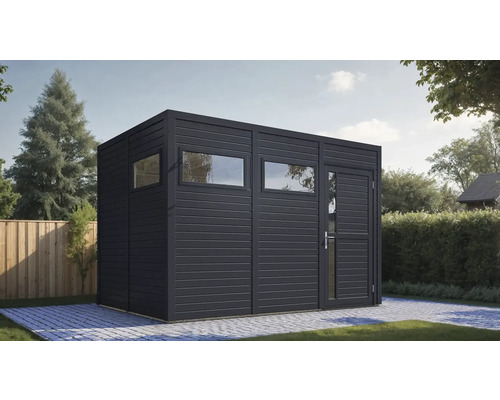 Abri de jardin moderne avec fenêtres et porte à l'extérieur.