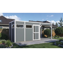 Abri de jardin moderne avec auvent, fenêtres et porte dans le jardin.