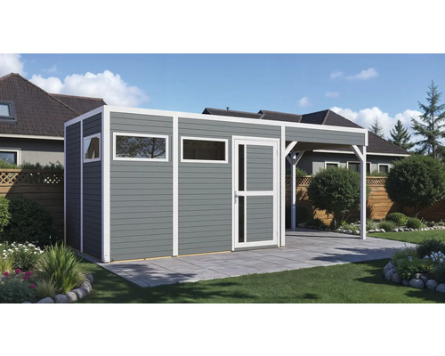 Abri de jardin moderne avec auvent, fenêtres et porte dans le jardin.