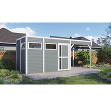 Abri de jardin avec auvent et fenêtres sur une surface pavée