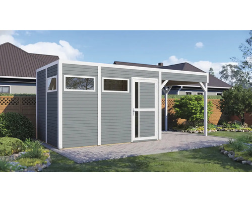 Abri de jardin avec auvent et fenêtres sur une surface pavée