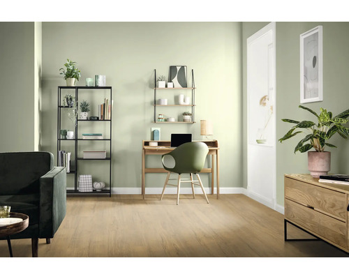 Salon avec bureau, étagère et canapé dans des tons clairs