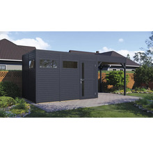 Abri de jardin avec fenêtres, porte et annexe sur une surface pavée