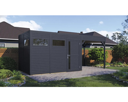 Abri de jardin avec fenêtres, porte et annexe sur une surface pavée