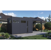 Abri de jardin avec auvent sur une pelouse