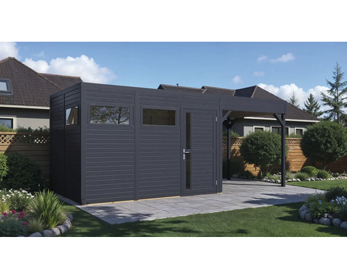 Abri de jardin avec auvent sur une pelouse