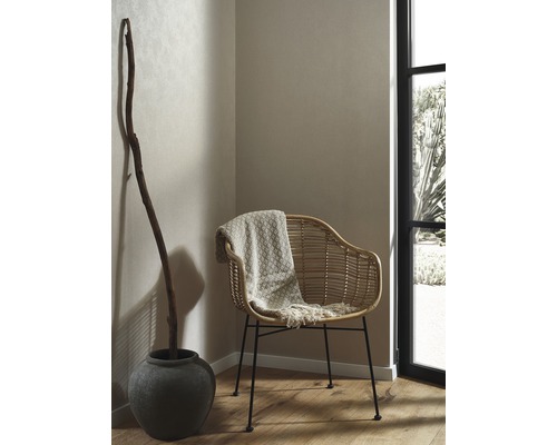 Pièce décorative avec fauteuil en rotin, couverture, vase à fleurs et plancher en bois