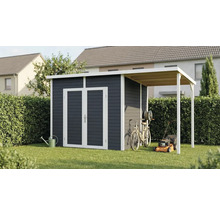 Abri de jardin avec annexe, outils de jardinage et accessoires de jardin dans le jardin