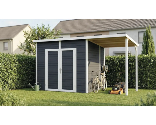 Abri de jardin avec annexe, outils de jardinage et accessoires de jardin dans le jardin