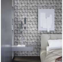 Chambre à coucher avec papier peint 3D gris, lit et table de chevet