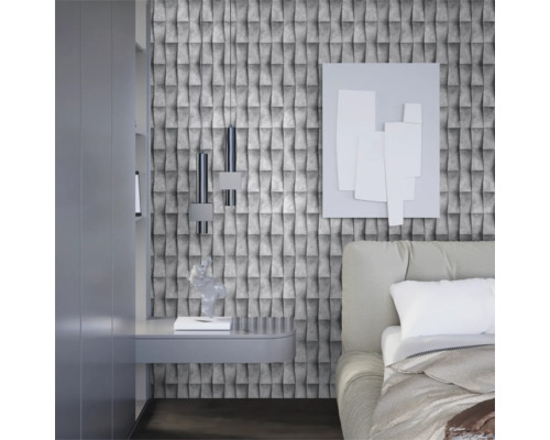 Chambre à coucher avec papier peint 3D gris, lit et table de chevet