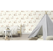Chambre d'enfant avec papier peint ours, tente de jeu et lit d'enfant