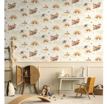 Kinderzimmer mit Flugzeug Tapete, Spielzeug und Möbeln