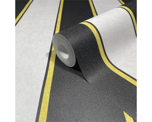 Rouleau de papier peint à rayures noires, blanches et jaunes