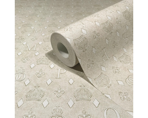 Rouleau de papier peint avec motifs de couronnes, de lettres et de losanges