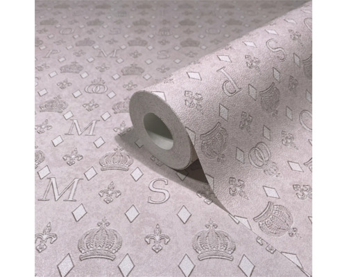 Rouleau de papier peint vinyle avec motifs de couronnes, de lettres et de losanges