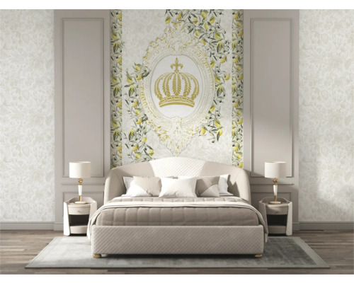 Chambre avec lit, tables de chevet et décoration murale à motif de citron