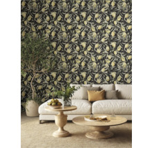 Salon avec canapé et papier peint mural à motif citron
