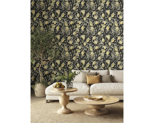 Salon avec canapé et papier peint mural à motif citron