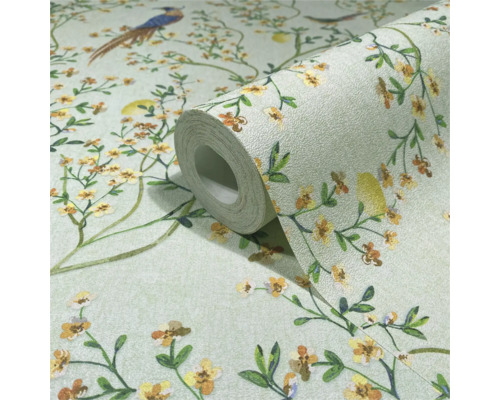 Rouleau de papier peint avec motifs de fleurs et d'oiseaux
