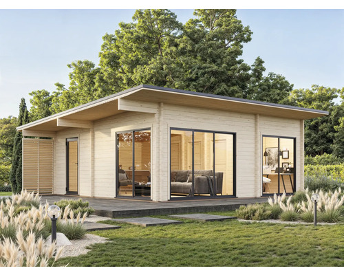 Abri de jardin Palmako Cecilia 39.9 m² avec plancher 818 x 827 cm nature Maison de jardin moderne avec de grandes fenêtres et un toit plat dans le jardin