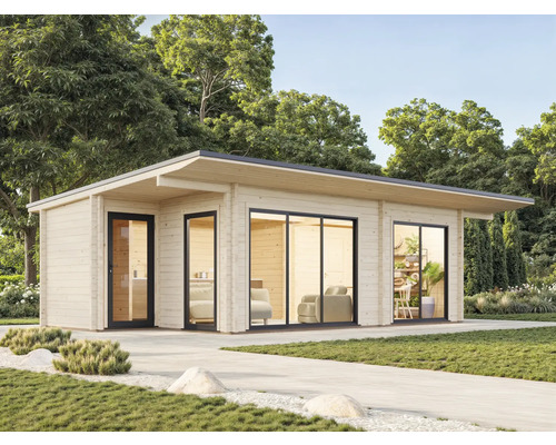 Abri de jardin moderne en bois avec de grandes fenêtres et une porte