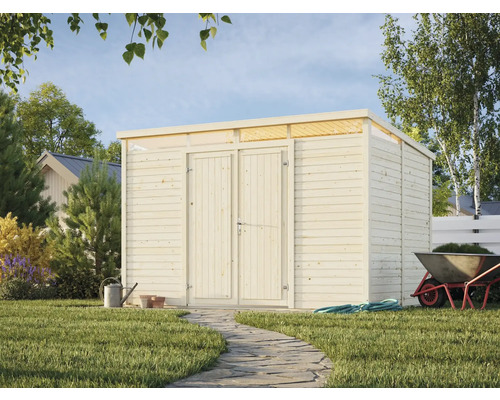 Gartenhaus Palmako Elias 7,3 m² inkl. Fußboden 337 x 247 cm natur Gartenszene mit Holzgartenhaus, Gartenwerkzeug und Schubkarre