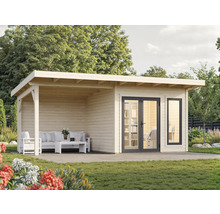 Maison de jardin en bois avec terrasse et porte double dans le jardin