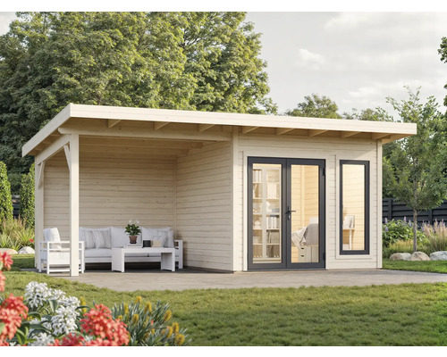 Maison de jardin en bois avec terrasse et porte double dans le jardin