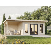 Abri de jardin avec terrasse couverte et coin salon dans le jardin