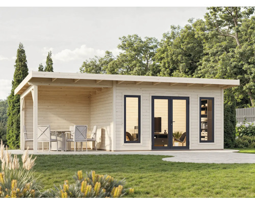 Abri de jardin avec terrasse couverte et coin salon dans le jardin