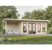 Gartenhaus aus Holz mit überdachter Terrasse und Fenstern im Garten
