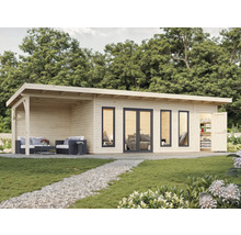 Holz Gartenhaus mit überdachter Terrasse, Fenstern und offener Tür