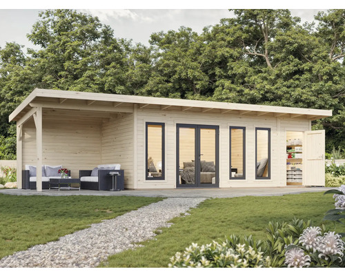 Abri de jardin avec terrasse, fenêtres et porte sur pelouse